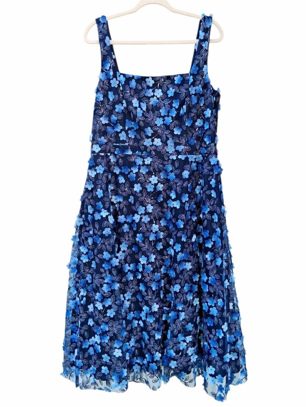 Xscape Blue 3D Floral Applique Square-Neck Fit & Flare Midi Dress Size 16 - Picture 4 of 11